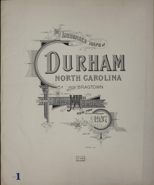 Sanborn Fire Insurance Map from Durham, Durham County, North Carolina (1937), Sheet #0001 - Historic Sanborn Fire Insurance Map Print, vintage old map wall art, antique decor, genealogy gift, North Carolina North Carolina map