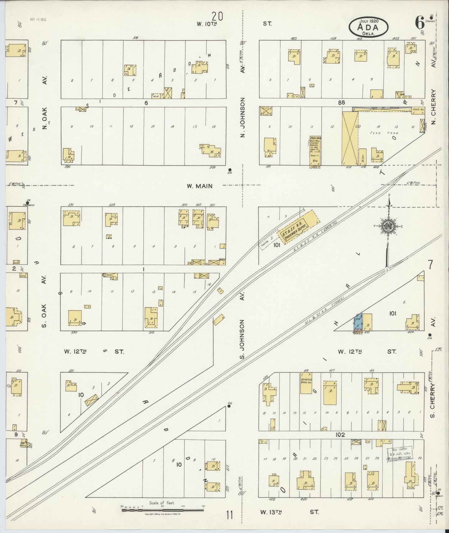 Sanborn Fire Insurance Map from Ada, Pontotoc County, Oklahoma (1920), Sheet #0006 - Complete Map Set gallery image, historic Sanborn map, vintage wall art, Oklahoma Oklahoma