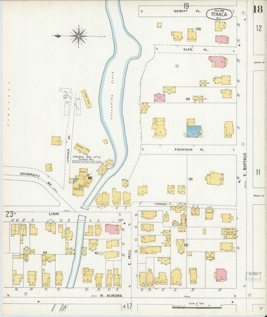 Sanborn Fire Insurance Map from Ithaca, Tompkins County, New York (1904), Sheet #0018 - Historic Sanborn Fire Insurance Map Print, vintage old map wall art, antique decor, genealogy gift, New York New York map