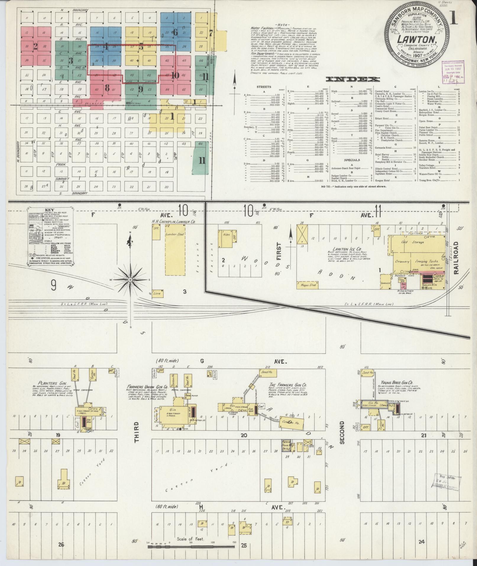 Sanborn Fire Insurance Map from Lawton, Comanche County, Oklahoma (1907), Sheet #0001 - Historic Sanborn Fire Insurance Map Print, vintage old map wall art, antique decor, genealogy gift, Oklahoma Oklahoma map