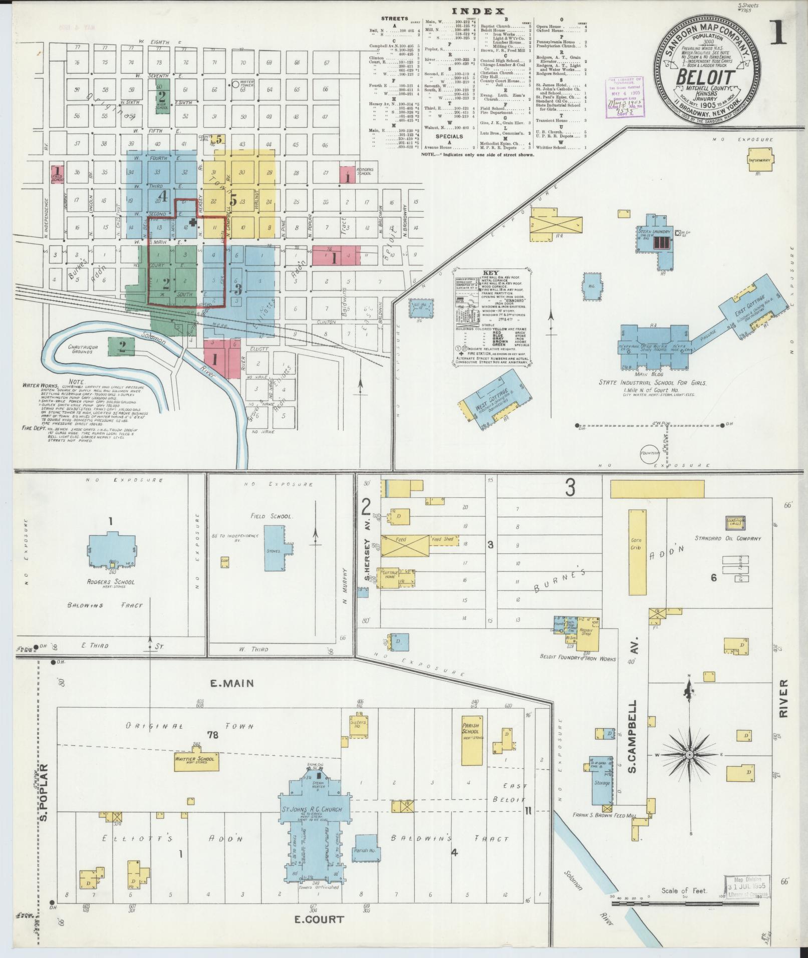 Sanborn Fire Insurance Map from Beloit, Mitchell County, Kansas (1905), Sheet #0001 - Complete Map Set gallery image, historic Sanborn map, vintage wall art, Kansas Kansas