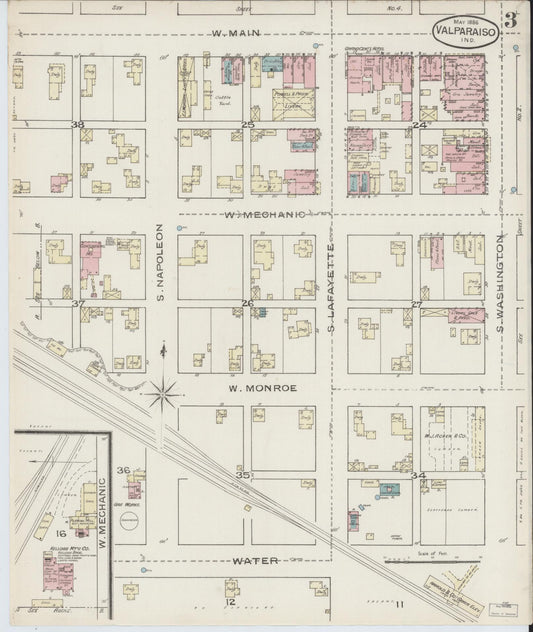 Sanborn Fire Insurance Map from Valparaiso, Porter County, Indiana (1886), Sheet #0003 - Historic Sanborn Fire Insurance Map Print, vintage old map wall art, antique decor, genealogy gift, Indiana Indiana map