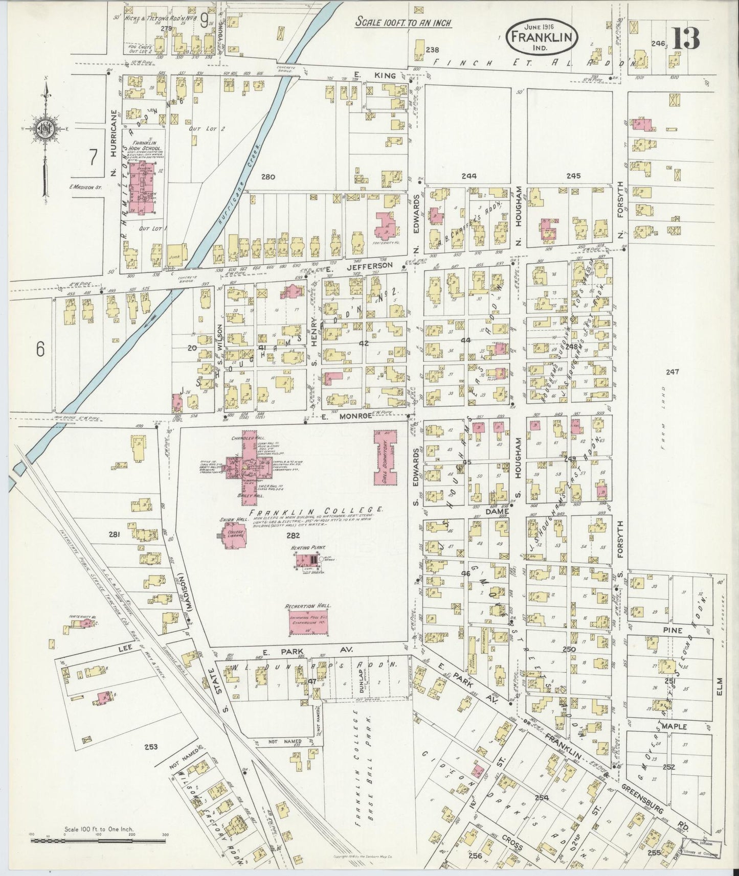 Sanborn Fire Insurance Map from Franklin, Johnson County, Indiana (1916), Sheet #0013 - Historic Sanborn Fire Insurance Map Print, vintage old map wall art, antique decor, genealogy gift, Indiana Indiana map