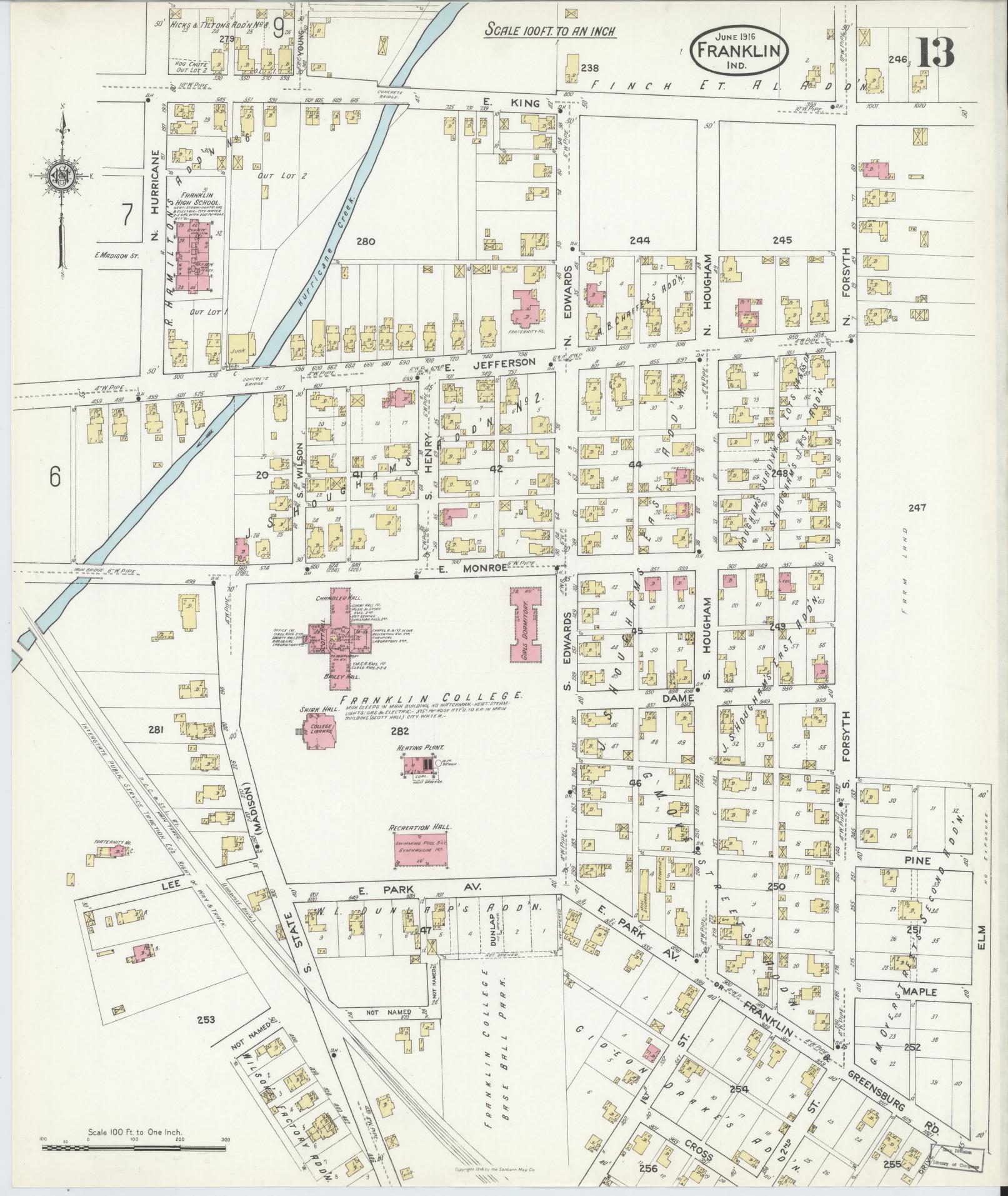 Sanborn Fire Insurance Map from Franklin, Johnson County, Indiana (1916), Sheet #0013 - Historic Sanborn Fire Insurance Map Print, vintage old map wall art, antique decor, genealogy gift, Indiana Indiana map