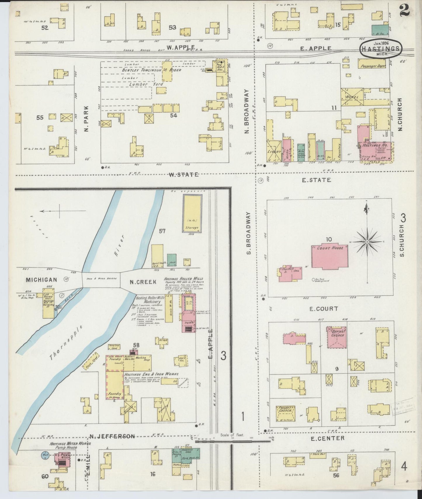 Sanborn Fire Insurance Map from Hastings, Barry County, Michigan (1896), Sheet #0002 - Historic Sanborn Fire Insurance Map Print, vintage old map wall art, antique decor, genealogy gift, Michigan Michigan map