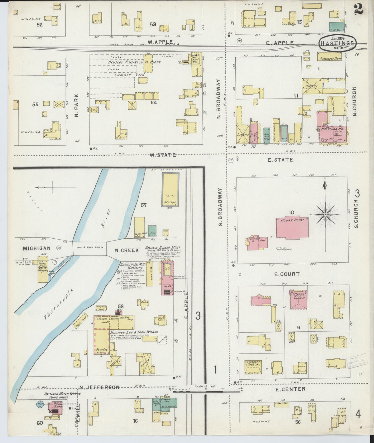 Sanborn Fire Insurance Map from Hastings, Barry County, Michigan (1896), Sheet #0002 - Historic Sanborn Fire Insurance Map Print, vintage old map wall art, antique decor, genealogy gift, Michigan Michigan map