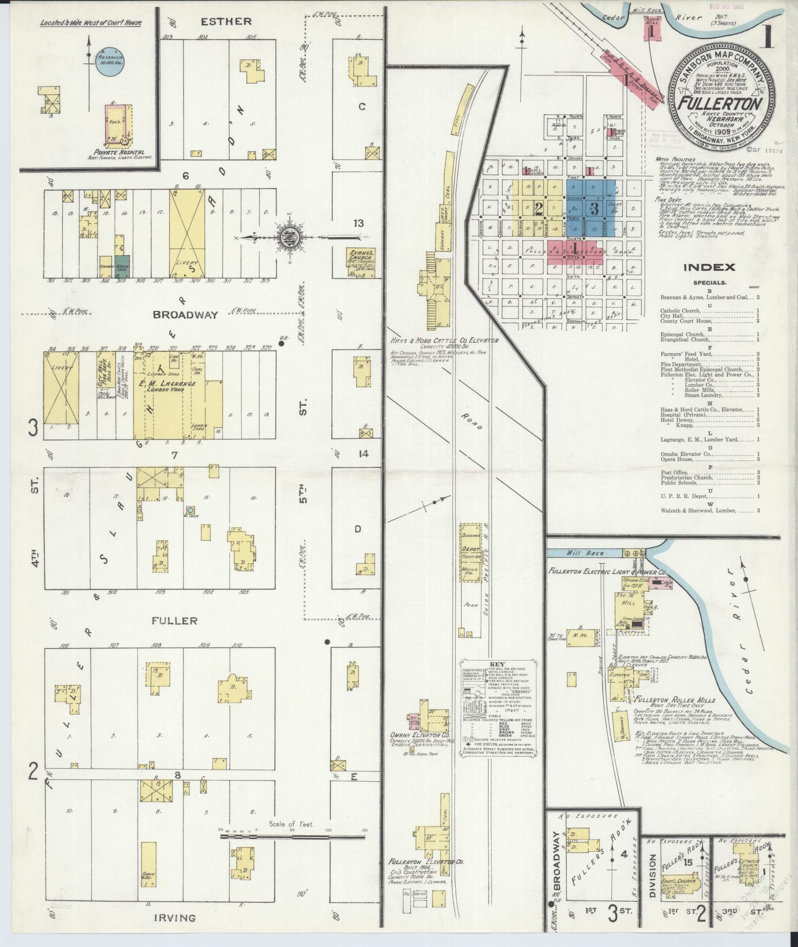 Sanborn Fire Insurance Map from Fullerton, Nance County, Nebraska (1909), Sheet #0001 - Historic Sanborn Fire Insurance Map Print, vintage old map wall art, antique decor, genealogy gift, Nebraska Nebraska map