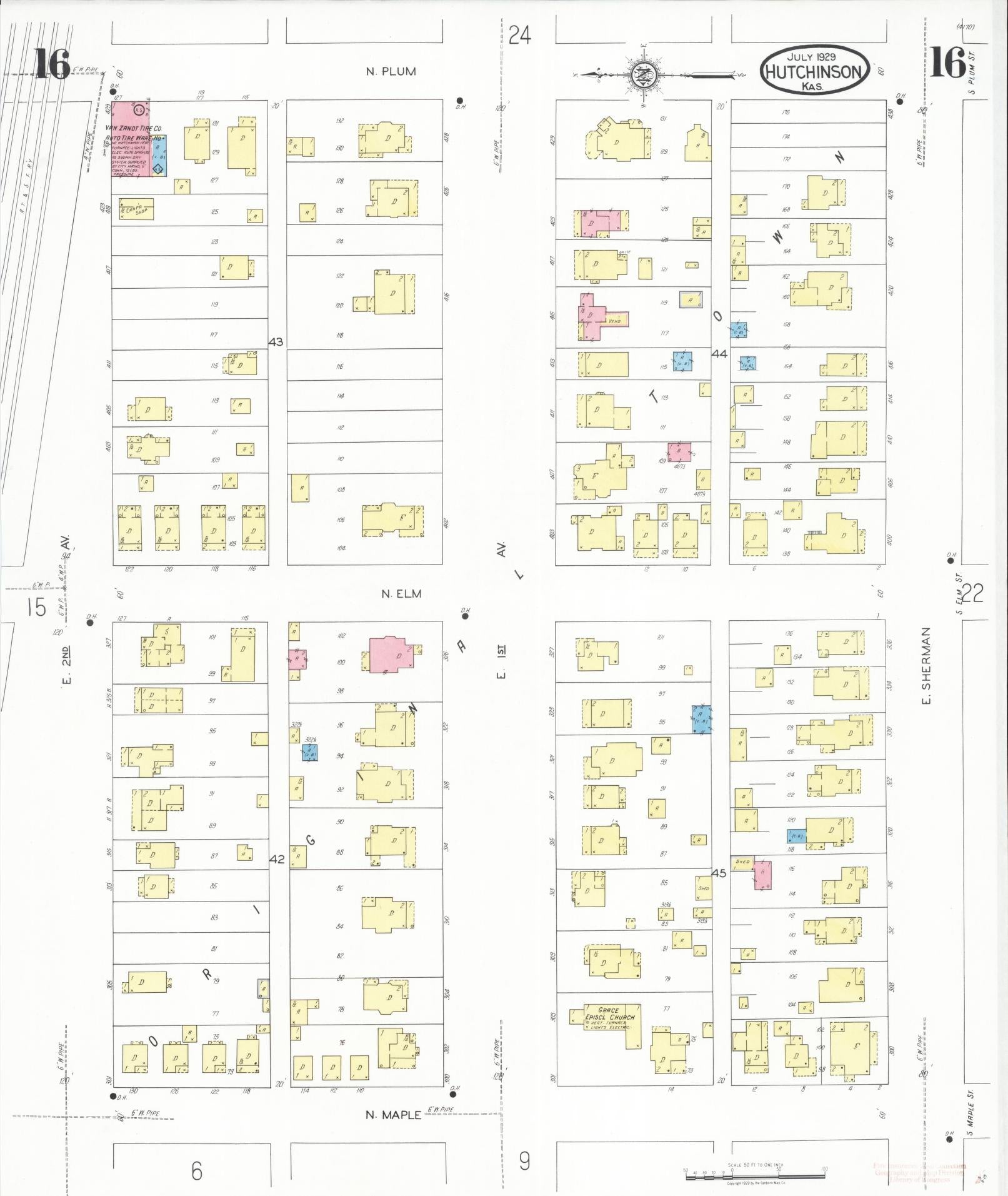 Sanborn Fire Insurance Map from Hutchinson, Reno County, Kansas (1929), Sheet #0017 - Historic Sanborn Fire Insurance Map Print, vintage old map wall art, antique decor, genealogy gift, Kansas Kansas map