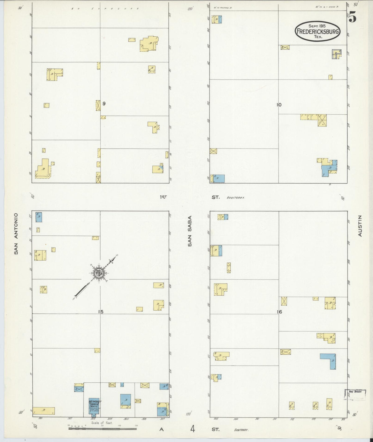 Sanborn Fire Insurance Map from Fredericksburg, Gillespie County, Texas (1915), Sheet #0005 - Complete Map Set gallery image, historic Sanborn map, vintage wall art, Texas Texas
