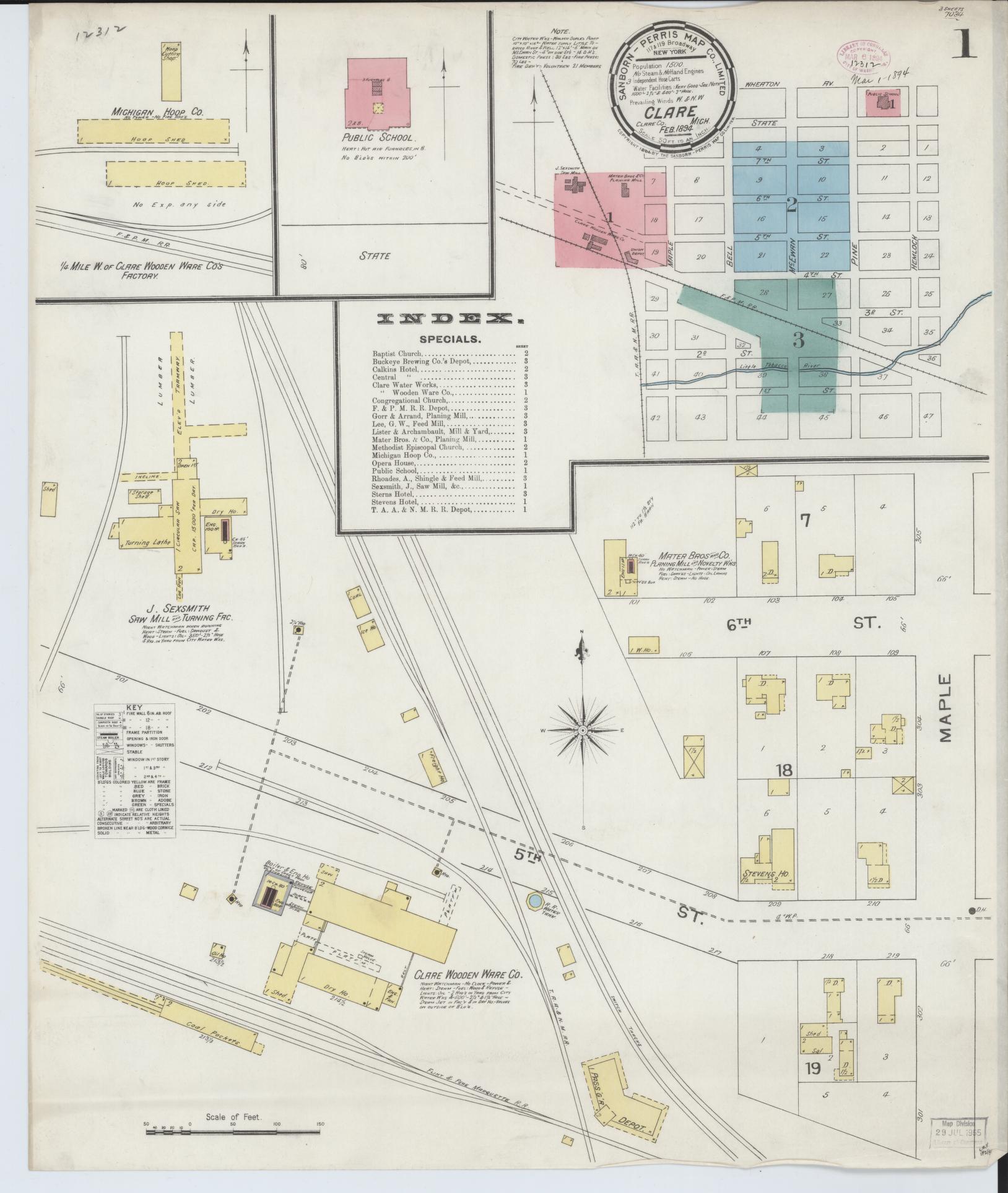 Sanborn Fire Insurance Map from Clare, Clare County, Michigan (1894), Sheet #0001 - Historic Sanborn Fire Insurance Map Print, vintage old map wall art, antique decor, genealogy gift, Michigan Michigan map