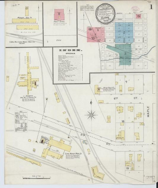 Sanborn Fire Insurance Map from Clare, Clare County, Michigan (1894), Sheet #0001 - Historic Sanborn Fire Insurance Map Print, vintage old map wall art, antique decor, genealogy gift, Michigan Michigan map