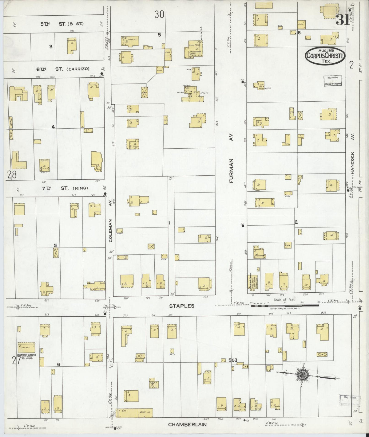 Sanborn Fire Insurance Map from Corpus Christi, Nueces County, Texas (1919), Sheet #0031 - Complete Map Set gallery image, historic Sanborn map, vintage wall art, Texas Texas