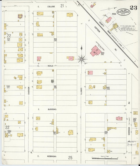 Sanborn Fire Insurance Map from Sheridan, Sheridan County, Wyoming (1908), Sheet #0023 - Historic Sanborn Fire Insurance Map Print, vintage old map wall art, antique decor, genealogy gift, Wyoming Wyoming map