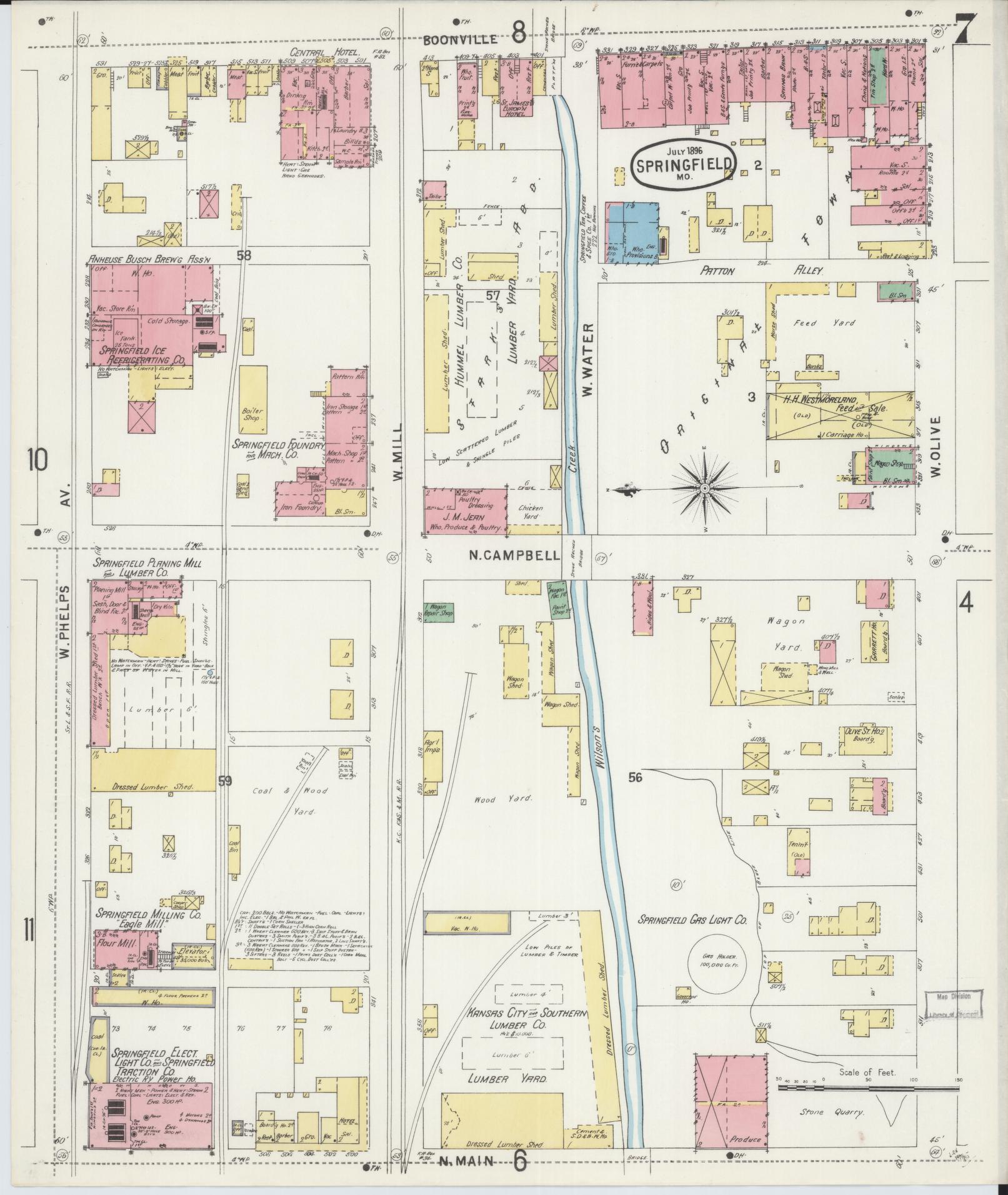 Sanborn Fire Insurance Map from Springfield, Greene County, Missouri (1896), Sheet #0007 - Historic Sanborn Fire Insurance Map Print, vintage old map wall art, antique decor, genealogy gift, Missouri Missouri map
