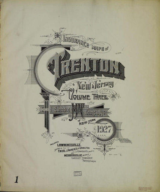 Sanborn Fire Insurance Map from Trenton, Mercer County, New Jersey (1927), Sheet #0001 - Historic Sanborn Fire Insurance Map Print, vintage old map wall art, antique decor, genealogy gift, Pennsylvania Pennsylvania map