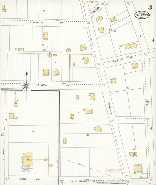 Sanborn Fire Insurance Map from Hollywood, Los Angeles County, California (1907), Sheet #0003 - Historic Sanborn Fire Insurance Map Print, vintage old map wall art, antique decor, genealogy gift, California California map
