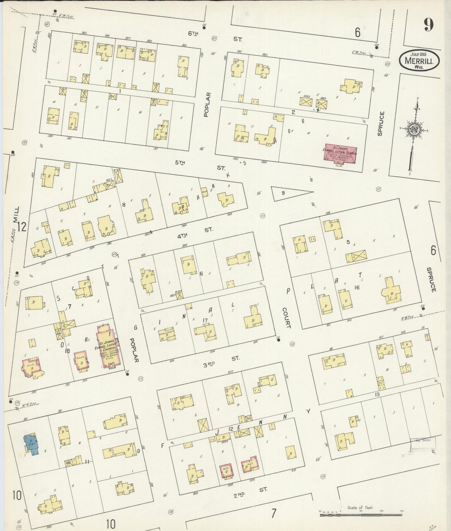 Sanborn Fire Insurance Map from Merrill, Lincoln County, Wisconsin (1913), Sheet #0009 - Historic Sanborn Fire Insurance Map Print, vintage old map wall art, antique decor, genealogy gift, Wisconsin Wisconsin map
