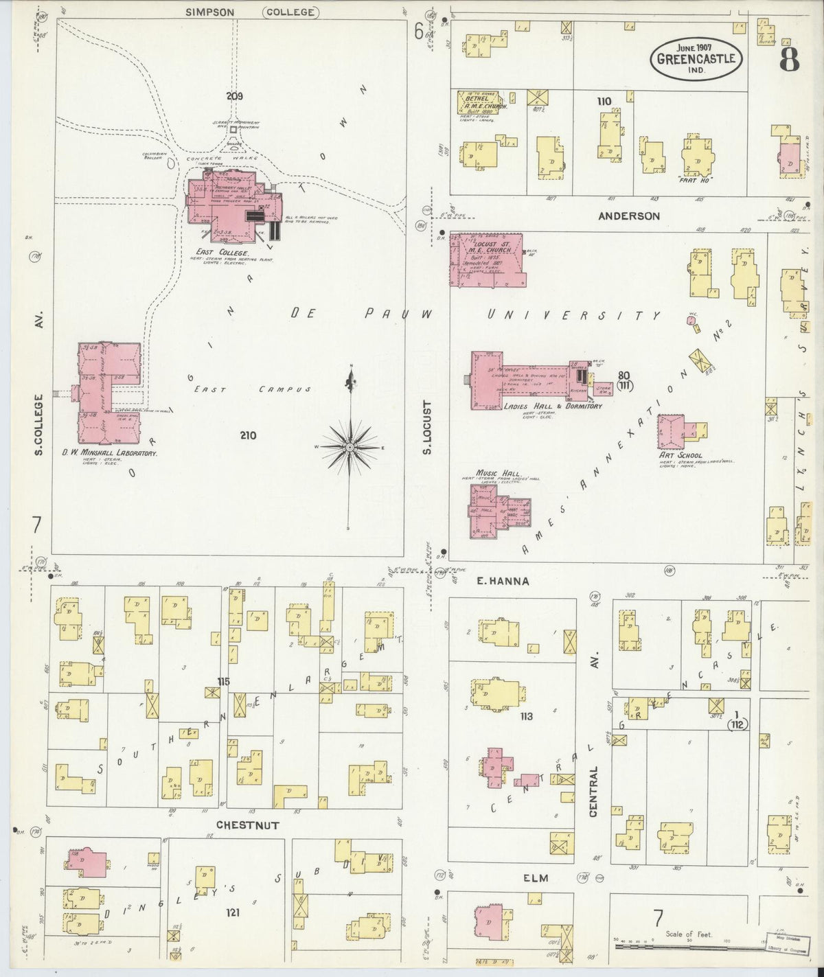 Sanborn Fire Insurance Map from Greencastle, Putnam County, Indiana (1907), Sheet #0008 - Historic Sanborn Fire Insurance Map Print, vintage old map wall art, antique decor, genealogy gift, Indiana Indiana map