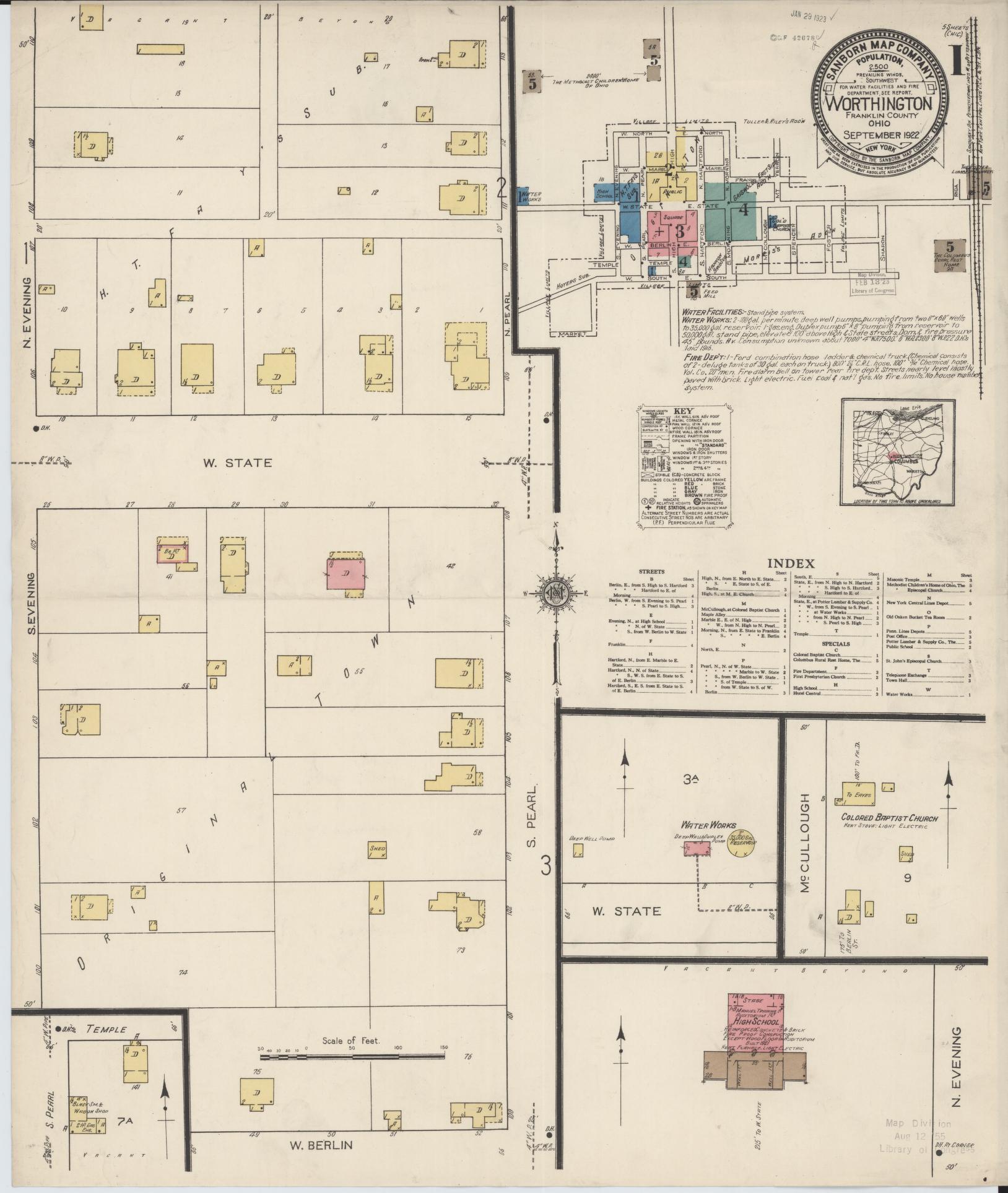 Sanborn Fire Insurance Map from Worthington, Franklin County, Ohio (1922), Sheet #0001 - Complete Map Set gallery image, historic Sanborn map, vintage wall art, Ohio Ohio