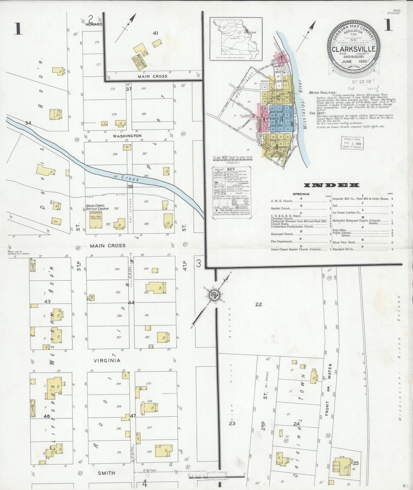 Sanborn Fire Insurance Map from Clarksville, Pike County, Missouri (1930), Sheet #0001 - Complete Map Set gallery image, historic Sanborn map, vintage wall art, Missouri Missouri