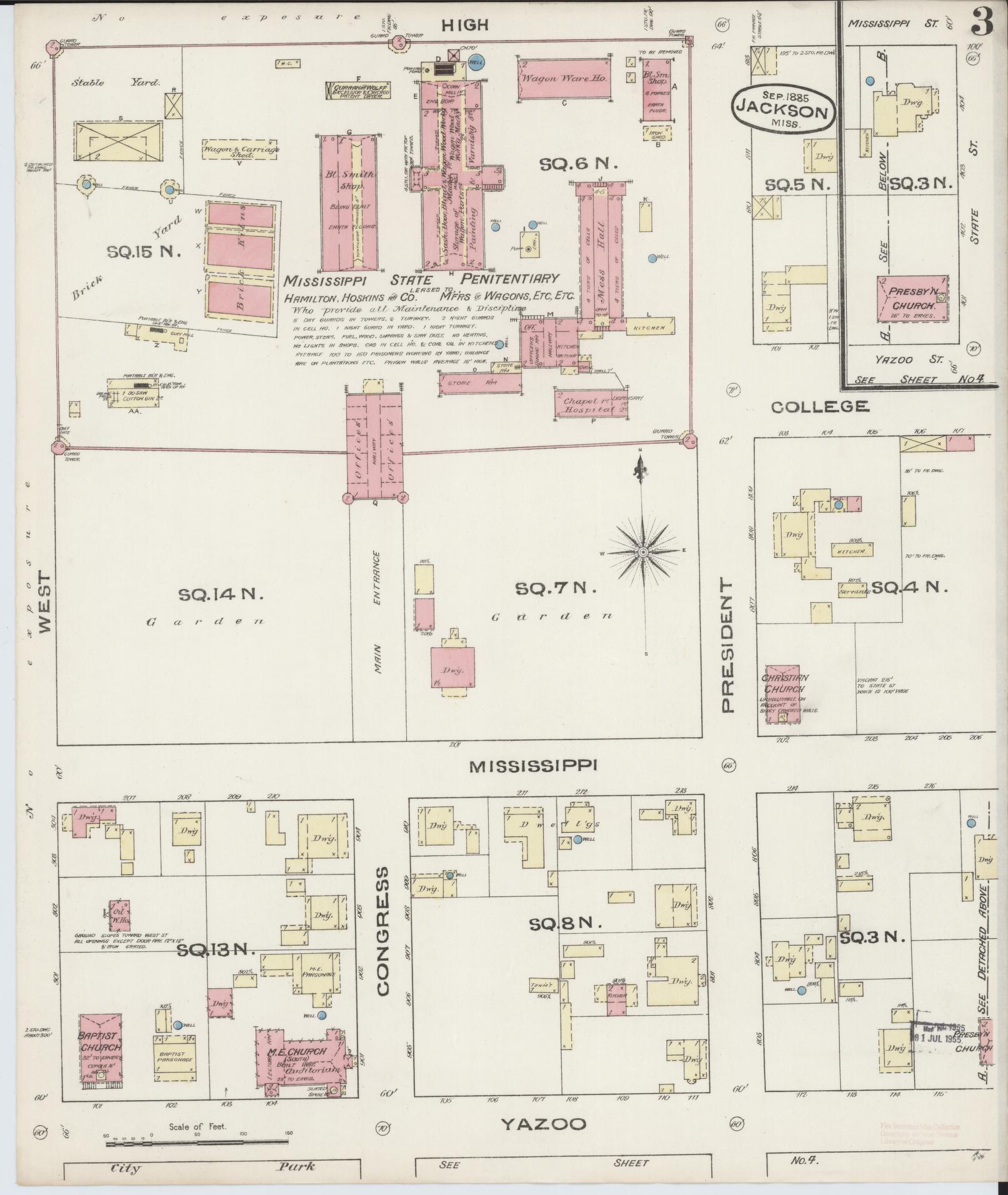 Sanborn Fire Insurance Map from Jackson, Hinds County, Mississippi (1885), Sheet #0003 - Complete Map Set gallery image, historic Sanborn map, vintage wall art, Mississippi Mississippi