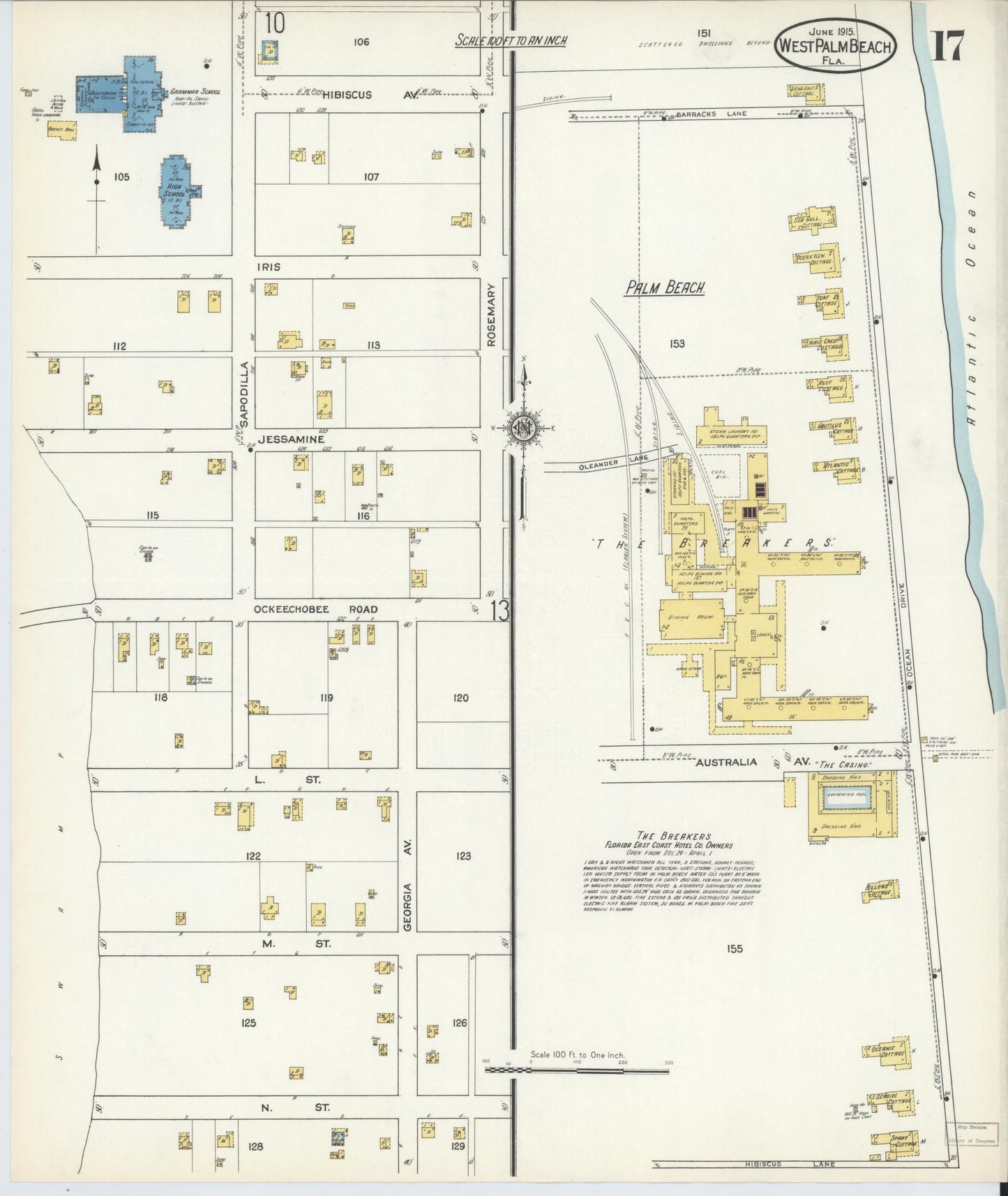 Sanborn Fire Insurance Map from West Palm Beach, Dade County, Florida (1915), Sheet #0017 - Historic Sanborn Fire Insurance Map Print, vintage old map wall art, antique decor, genealogy gift, Florida Florida map