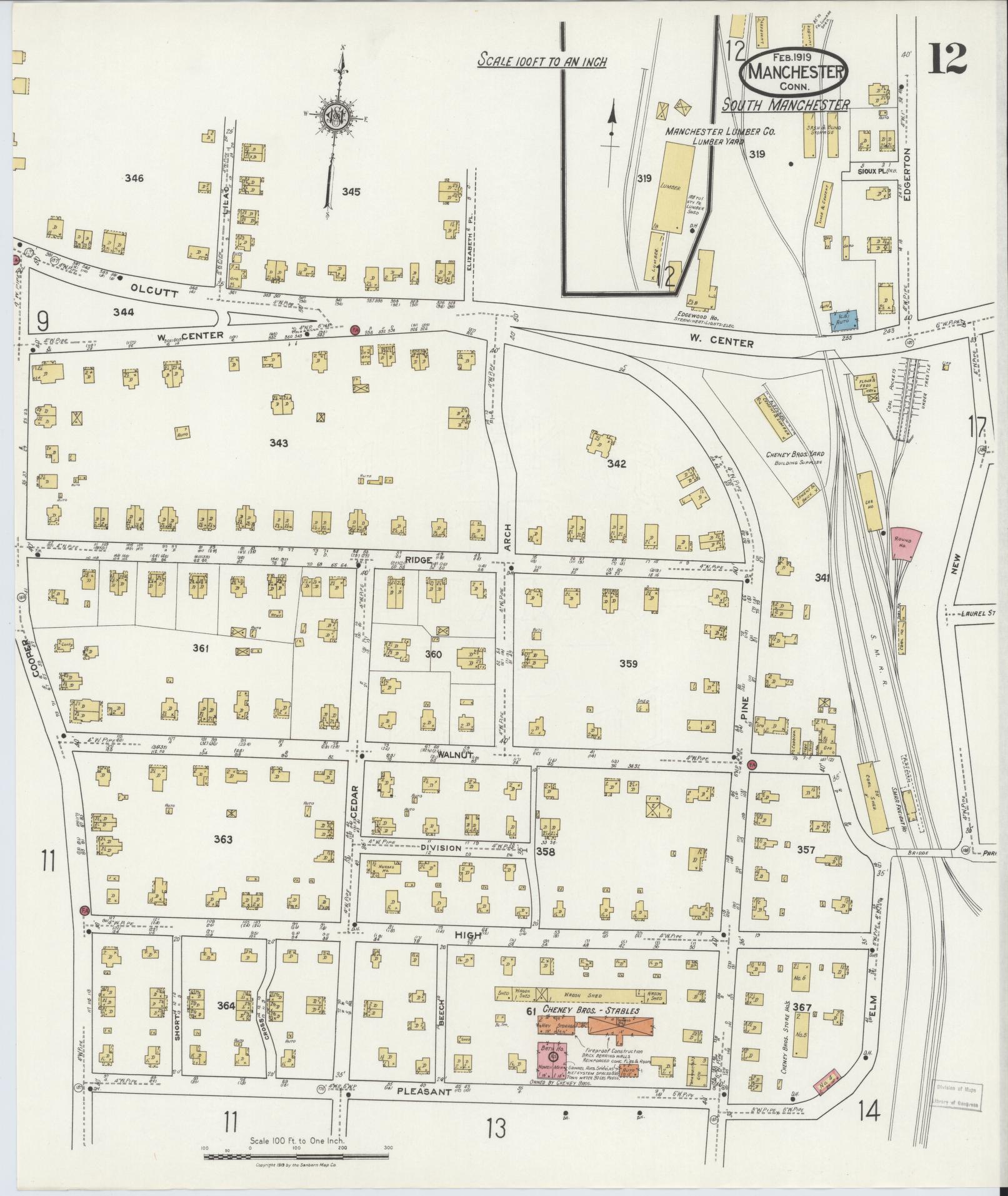 Sanborn Fire Insurance Map from Manchester, Hartford County, Connecticut (1919), Sheet #0012 - Complete Map Set gallery image, historic Sanborn map, vintage wall art, Connecticut Connecticut