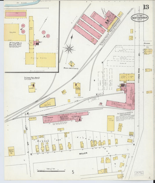 Sanborn Fire Insurance Map from Benton Harbor, Berrien County, Michigan (1905), Sheet #0013 - Historic Sanborn Fire Insurance Map Print, vintage old map wall art, antique decor, genealogy gift, Michigan Michigan map