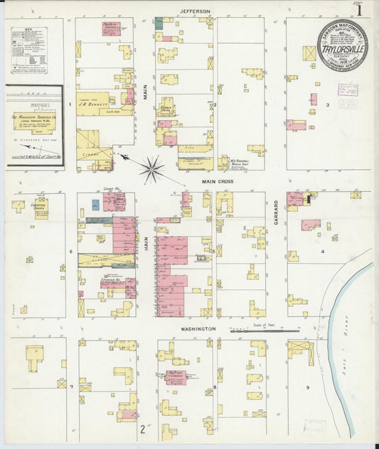 Sanborn Fire Insurance Map from Taylorsville, Spencer County, Kentucky (1909), Sheet #0001 - Historic Sanborn Fire Insurance Map Print, vintage old map wall art, antique decor, genealogy gift, Kentucky Kentucky map