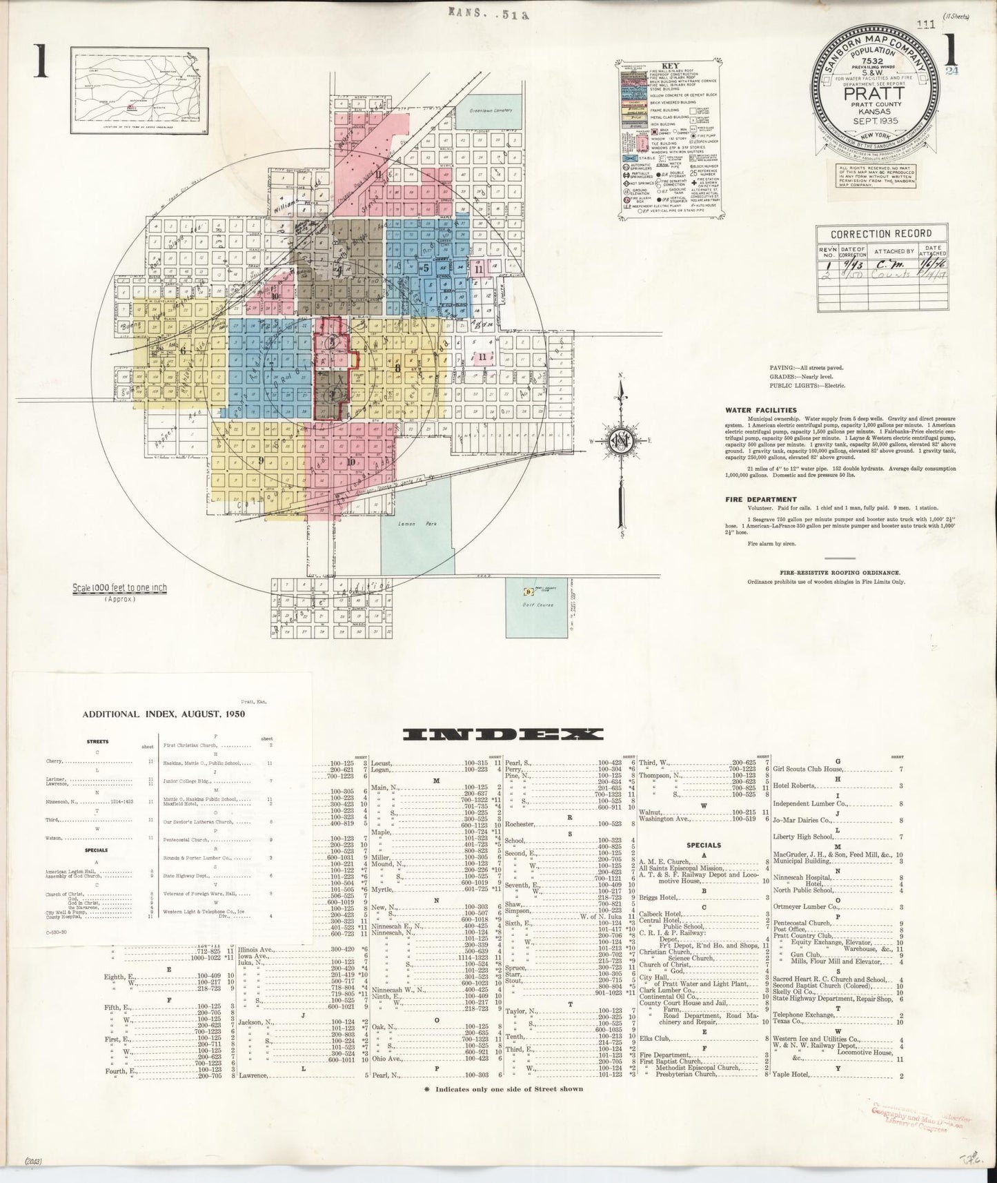 Sanborn Fire Insurance Map from Pratt, Pratt County, Kansas (1950), Sheet #0001 - Historic Sanborn Fire Insurance Map Print, vintage old map wall art, antique decor, genealogy gift, Kansas Kansas map