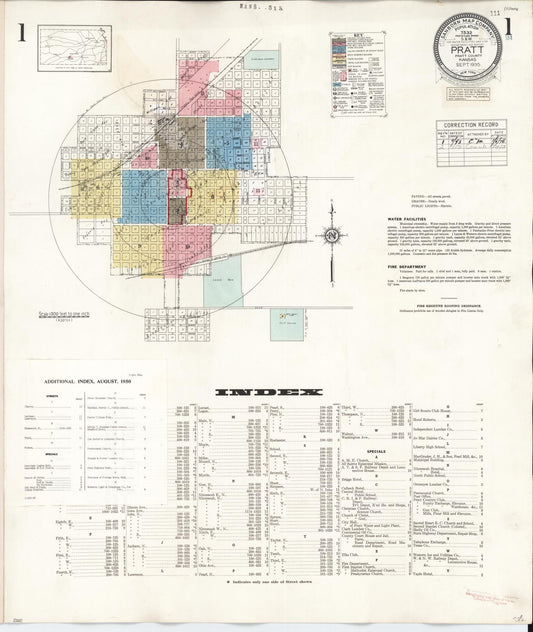 Sanborn Fire Insurance Map from Pratt, Pratt County, Kansas (1950), Sheet #0001 - Historic Sanborn Fire Insurance Map Print, vintage old map wall art, antique decor, genealogy gift, Kansas Kansas map