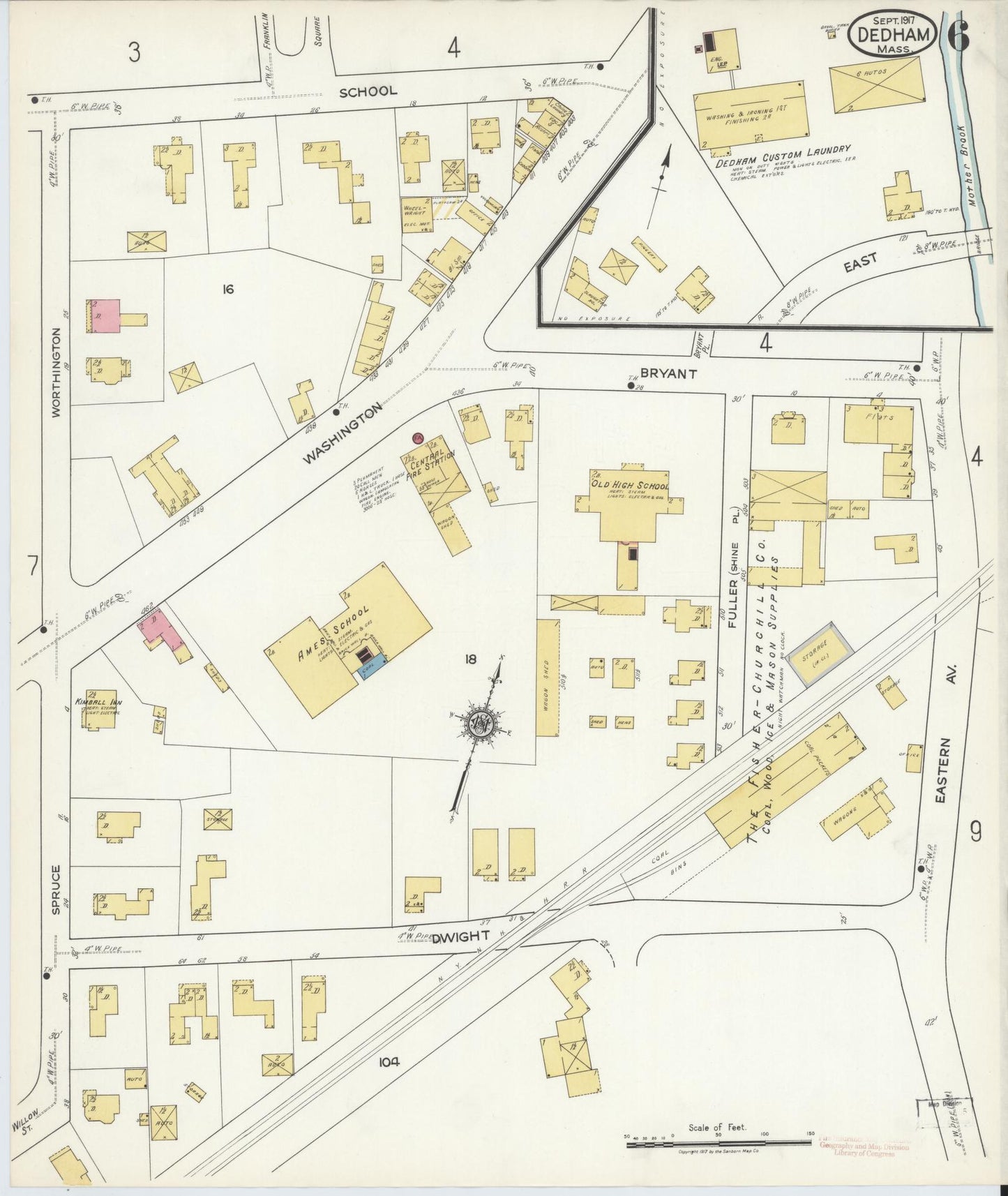 Sanborn Fire Insurance Map from Dedham, Norfolk County, Massachusetts (1917), Sheet #0006 - Complete Map Set gallery image, historic Sanborn map, vintage wall art, Massachusetts Massachusetts