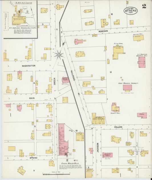 Sanborn Fire Insurance Map from Athens, McMinn County, Tennessee (1902), Sheet #0002 - Historic Sanborn Fire Insurance Map Print, vintage old map wall art, antique decor, genealogy gift, Tennessee Tennessee map