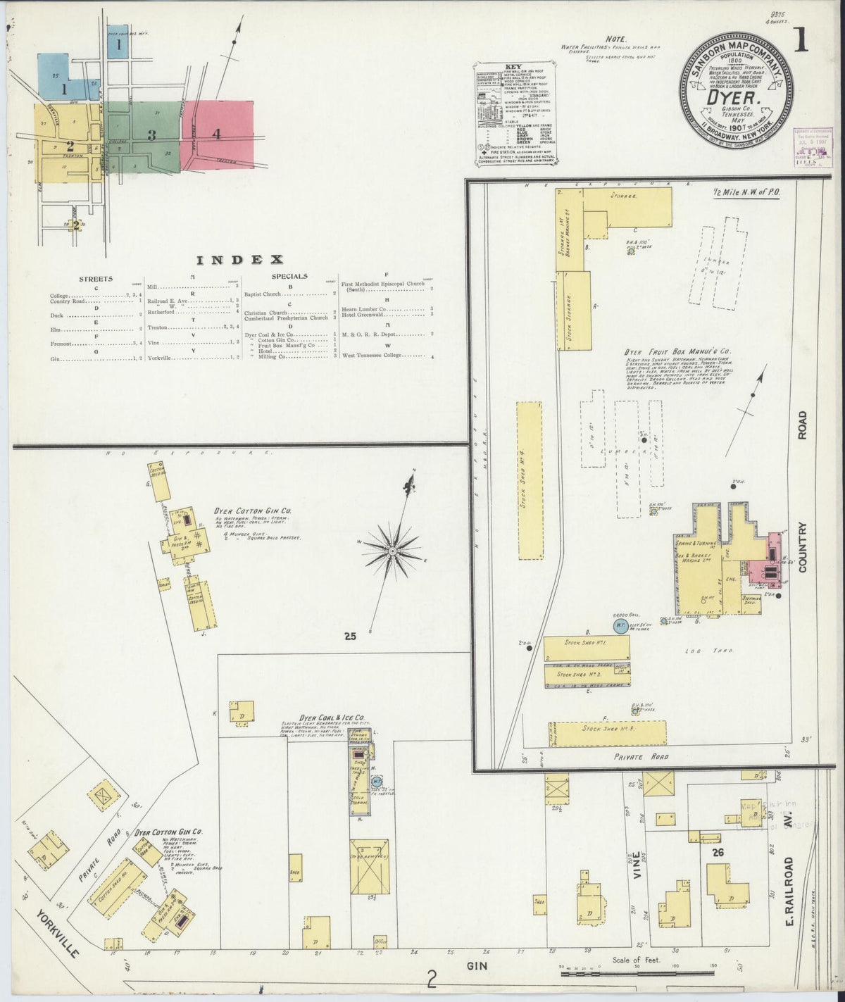 Sanborn Fire Insurance Map from Dyer, Gibson County, Tennessee (1907), Sheet #0001 - Historic Sanborn Fire Insurance Map Print, vintage old map wall art, antique decor, genealogy gift, Tennessee Tennessee map