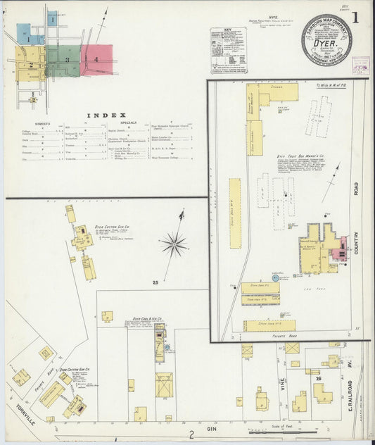 Sanborn Fire Insurance Map from Dyer, Gibson County, Tennessee (1907), Sheet #0001 - Historic Sanborn Fire Insurance Map Print, vintage old map wall art, antique decor, genealogy gift, Tennessee Tennessee map