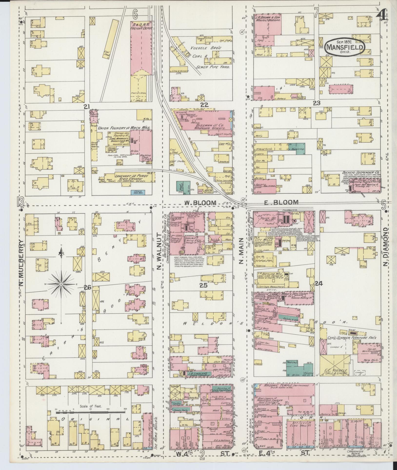 Sanborn Fire Insurance Map from Mansfield, Richland County, Ohio (1892), Sheet #0004 - Historic Sanborn Fire Insurance Map Print, vintage old map wall art, antique decor, genealogy gift, Ohio Ohio map