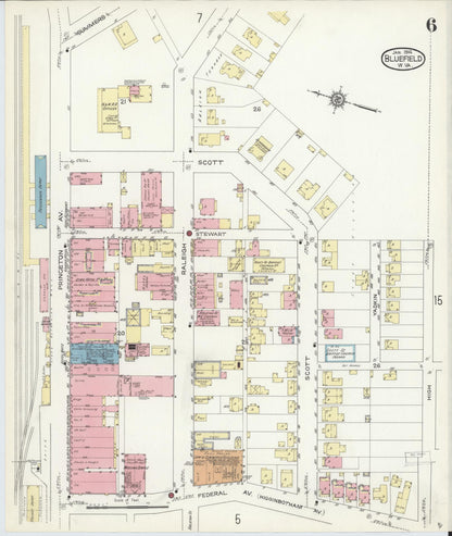 Sanborn Fire Insurance Map from Bluefield, Mercer County, West Virginia (1914), Sheet #0006 - Complete Map Set gallery image, historic Sanborn map, vintage wall art, West Virginia West Virginia