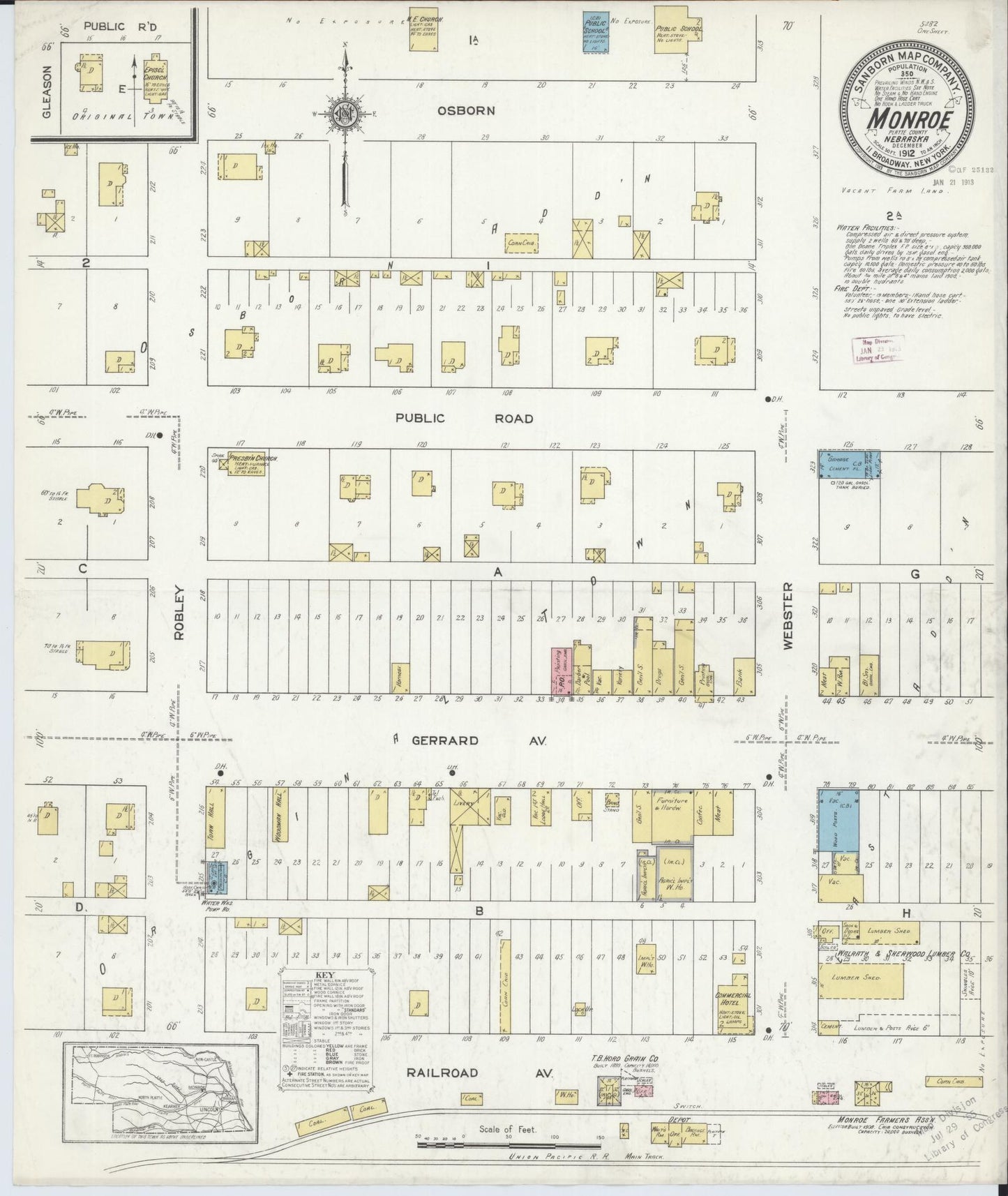 Sanborn Fire Insurance Map from Monroe, Platte County, Nebraska (1912), Sheet #0001 - Historic Sanborn Fire Insurance Map Print, vintage old map wall art, antique decor, genealogy gift, Nebraska Nebraska map