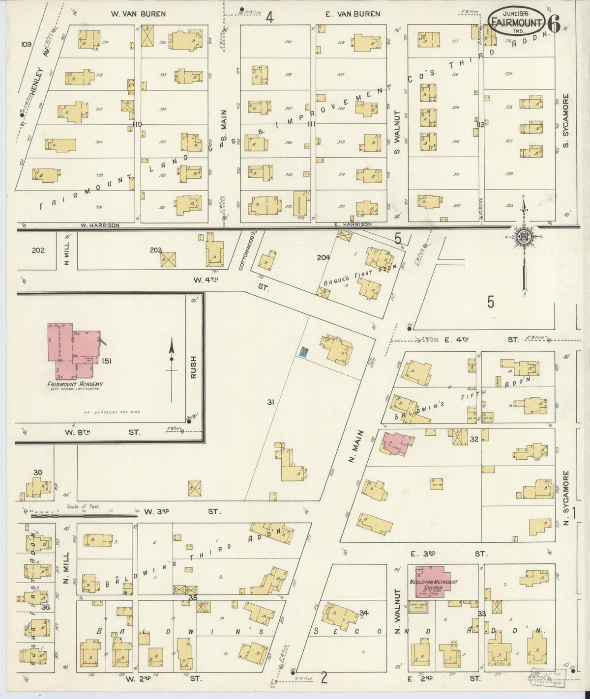 Sanborn Fire Insurance Map from Fairmount, Grant County, Indiana (1916), Sheet #0006 - Historic Sanborn Fire Insurance Map Print, vintage old map wall art, antique decor, genealogy gift, Indiana Indiana map
