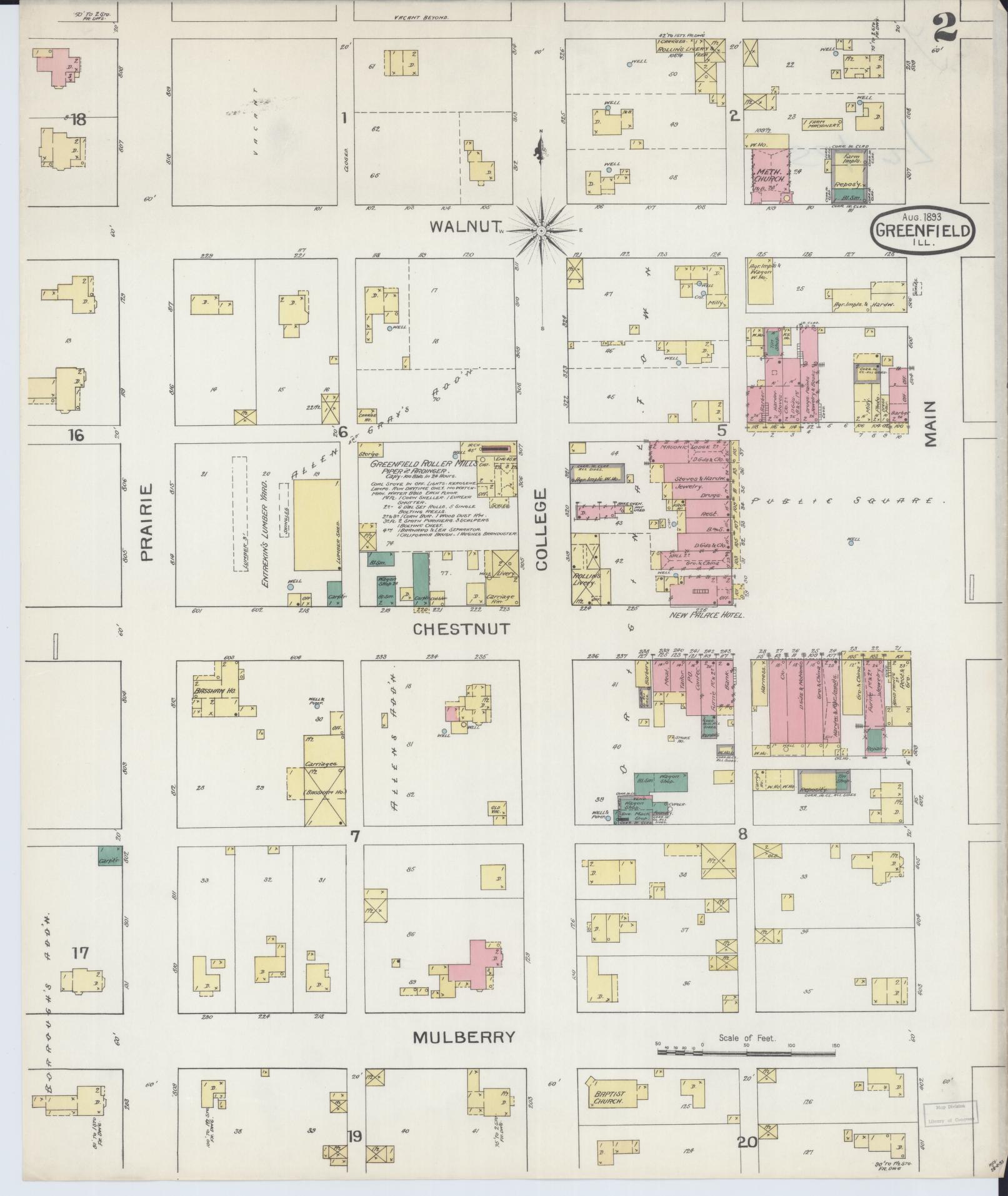 Sanborn Fire Insurance Map from Greenfield, Greene County, Illinois (1893), Sheet #0002 - Complete Map Set gallery image, historic Sanborn map, vintage wall art, Illinois Illinois