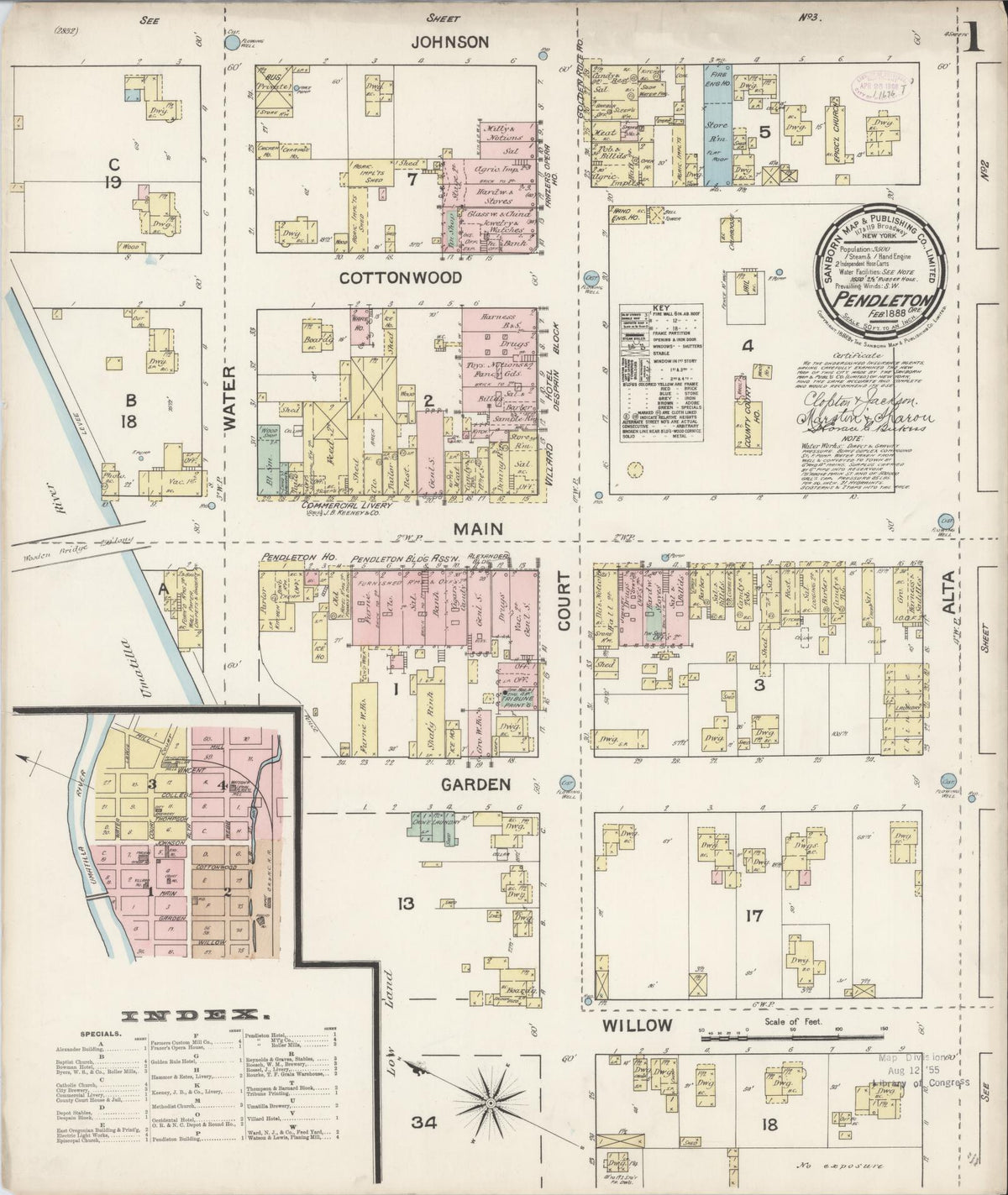 Sanborn Fire Insurance Map from Pendleton, Umatilla County, Oregon (1888), Sheet #0001 - Historic Sanborn Fire Insurance Map Print, vintage old map wall art, antique decor, genealogy gift, Oregon Oregon map
