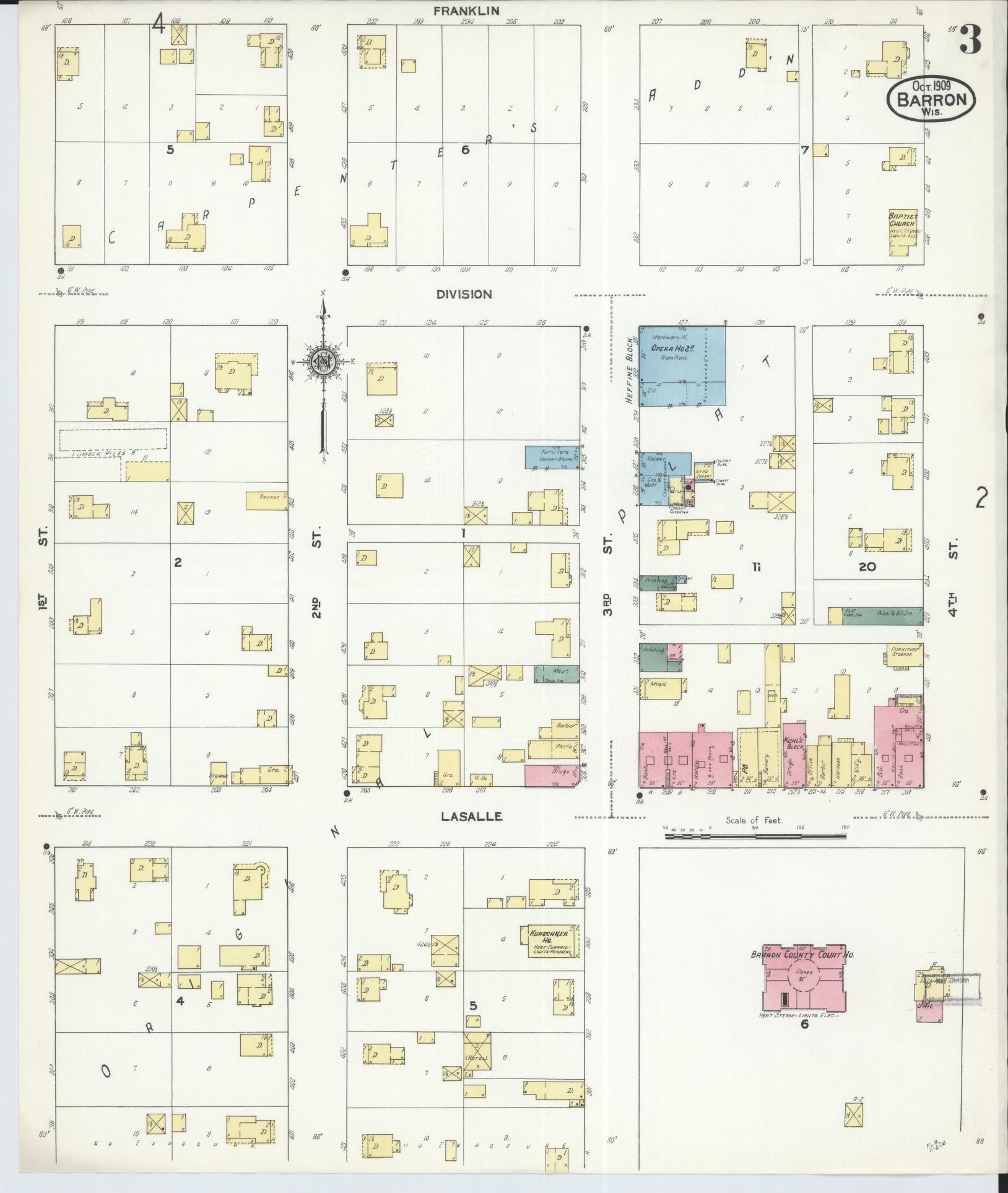 Sanborn Fire Insurance Map from Barron, Barron County, Wisconsin (1909), Sheet #0003 - Historic Sanborn Fire Insurance Map Print, vintage old map wall art, antique decor, genealogy gift, Wisconsin Wisconsin map