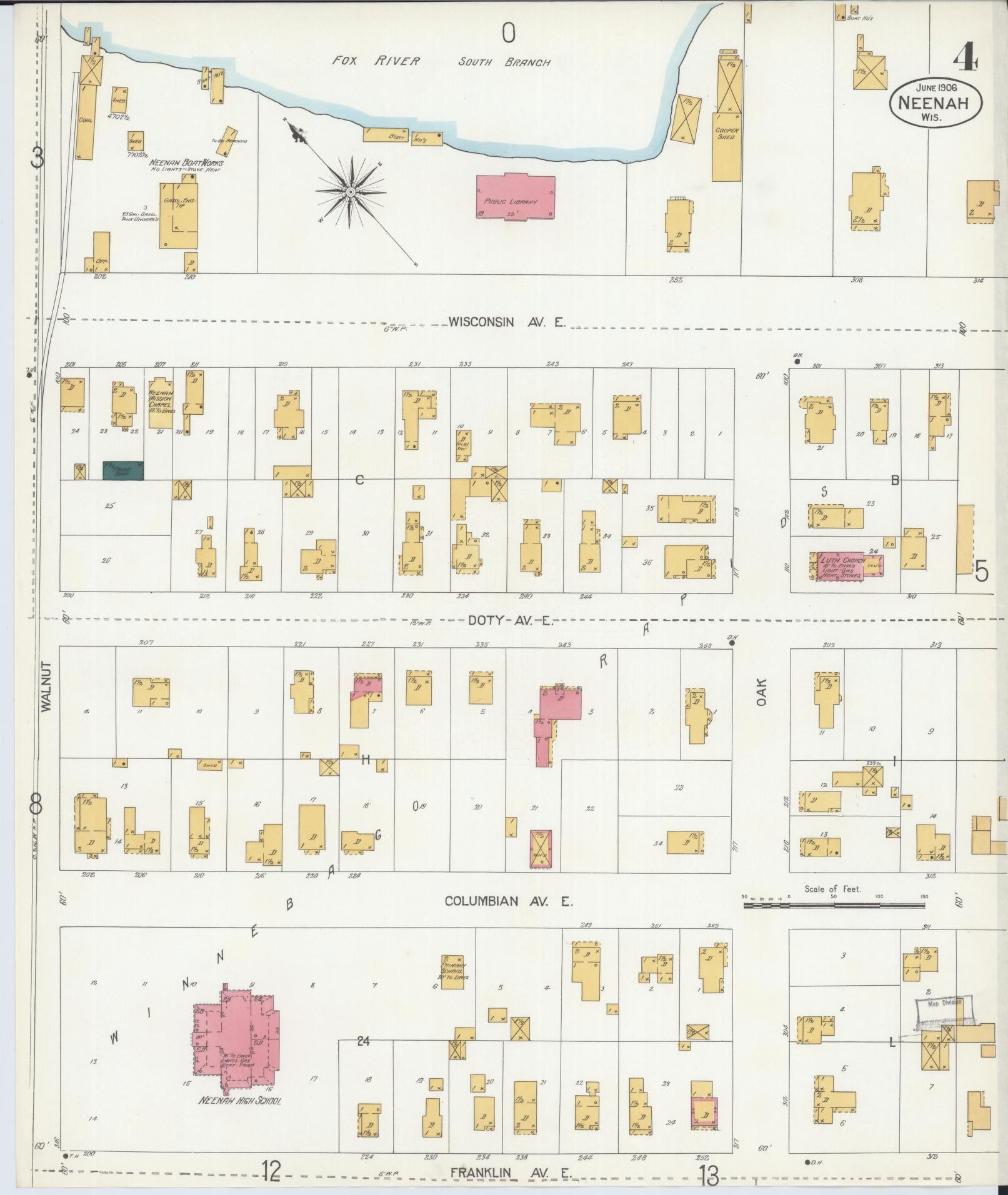 Sanborn Fire Insurance Map from Neenah, Winnebago County, Wisconsin (1906), Sheet #0004 - Complete Map Set gallery image, historic Sanborn map, vintage wall art, Wisconsin Wisconsin