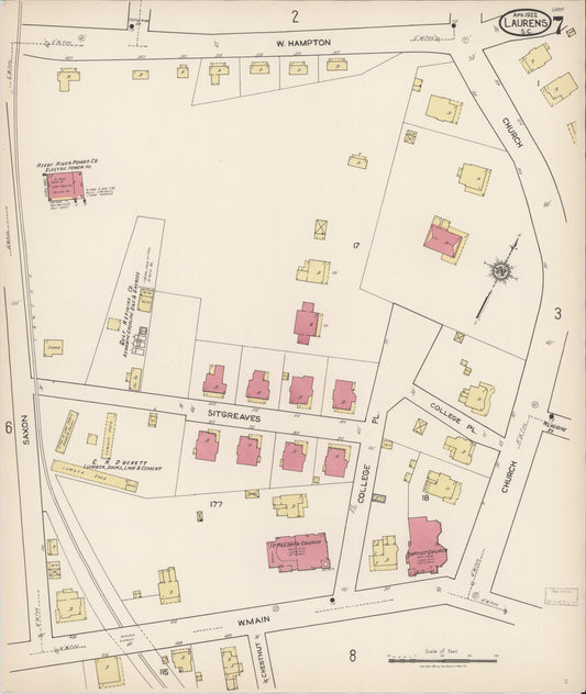 Sanborn Fire Insurance Map from Laurens, Laurens County, South Carolina (1922), Sheet #0007 - Historic Sanborn Fire Insurance Map Print, vintage old map wall art, antique decor, genealogy gift, South Carolina South Carolina map