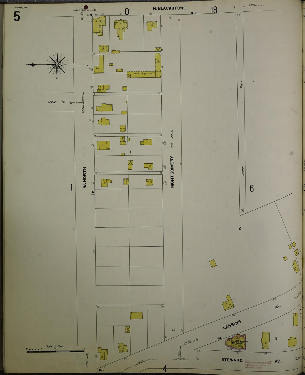 Sanborn Fire Insurance Map from Jackson, Jackson County, Michigan (1907), Sheet #0005 - Historic Sanborn Fire Insurance Map Print, vintage old map wall art, antique decor, genealogy gift, Michigan Michigan map