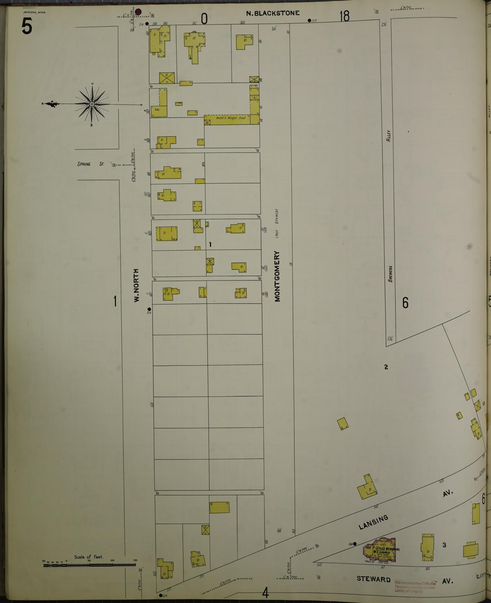 Sanborn Fire Insurance Map from Jackson, Jackson County, Michigan (1907), Sheet #0005 - Historic Sanborn Fire Insurance Map Print, vintage old map wall art, antique decor, genealogy gift, Michigan Michigan map