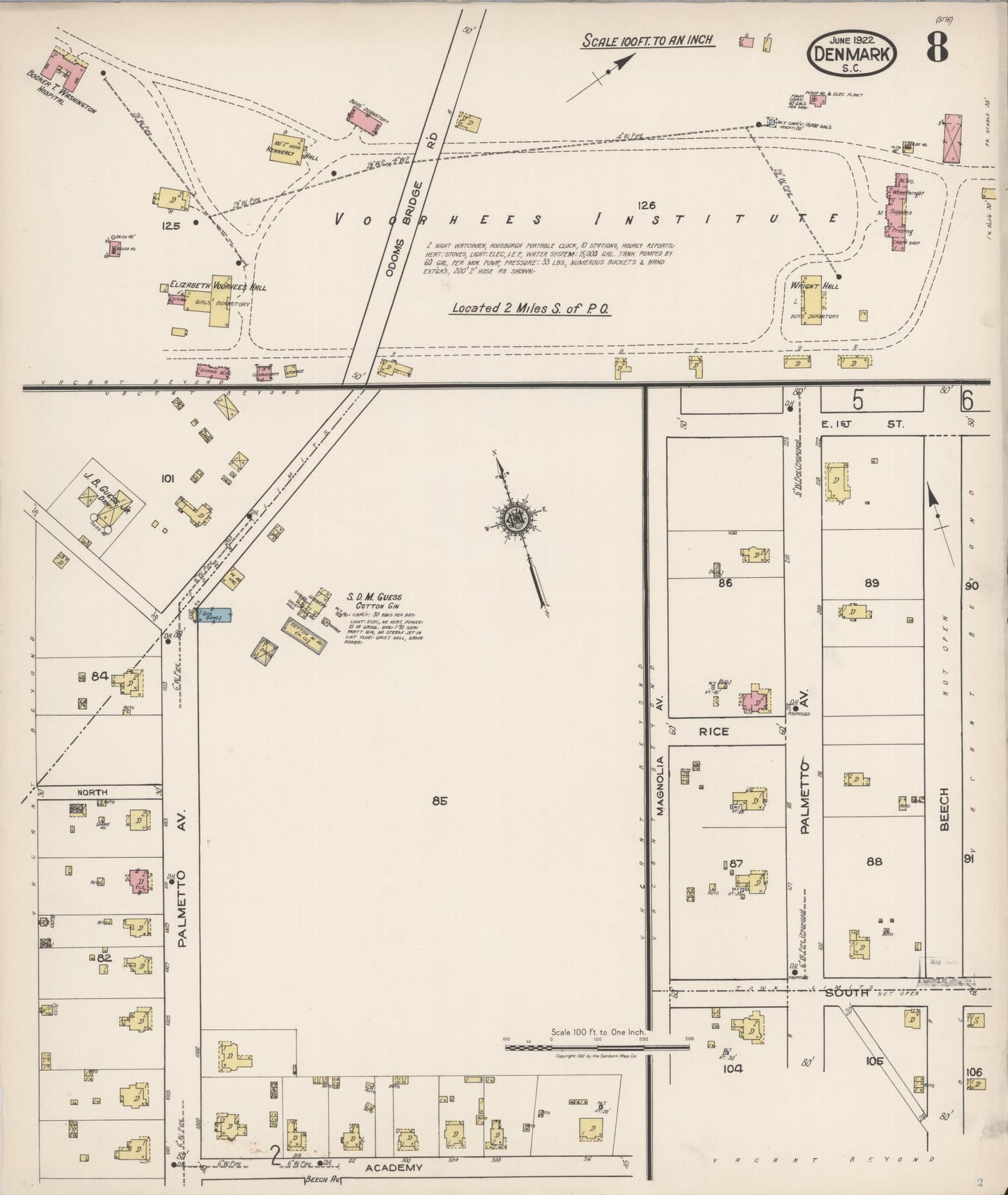 Sanborn Fire Insurance Map from Denmark, Bamberg County, South Carolina (1922), Sheet #0008 - Complete Map Set gallery image, historic Sanborn map, vintage wall art, South Carolina South Carolina