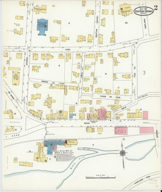 Sanborn Fire Insurance Map from Stafford Springs, Tolland County, Connecticut (1911), Sheet #0002 - Historic Sanborn Fire Insurance Map Print, vintage old map wall art, antique decor, genealogy gift, Connecticut Connecticut map
