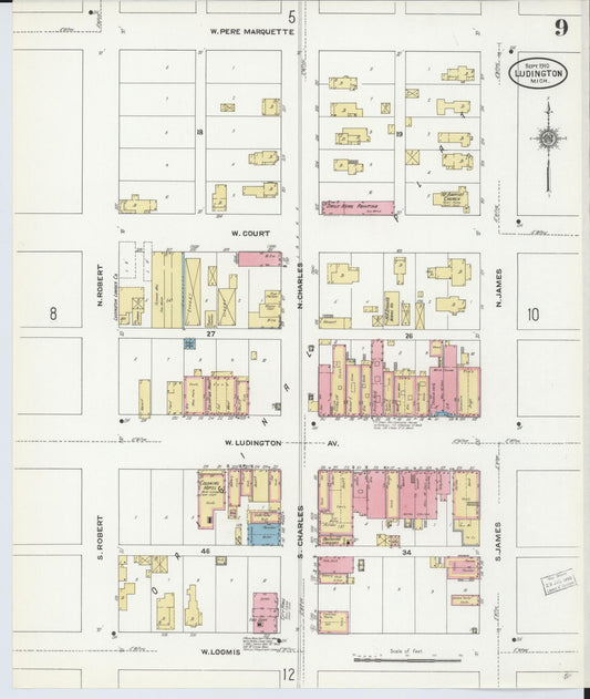 Sanborn Fire Insurance Map from Ludington, Mason County, Michigan (1910), Sheet #0009 - Historic Sanborn Fire Insurance Map Print, vintage old map wall art, antique decor, genealogy gift, Michigan Michigan map