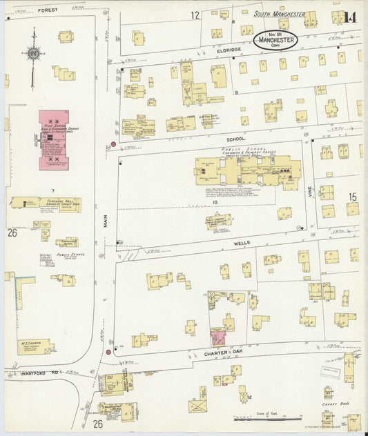 Sanborn Fire Insurance Map from Manchester, Hartford County, Connecticut (1911), Sheet #0014 - Historic Sanborn Fire Insurance Map Print, vintage old map wall art, antique decor, genealogy gift, Connecticut Connecticut map